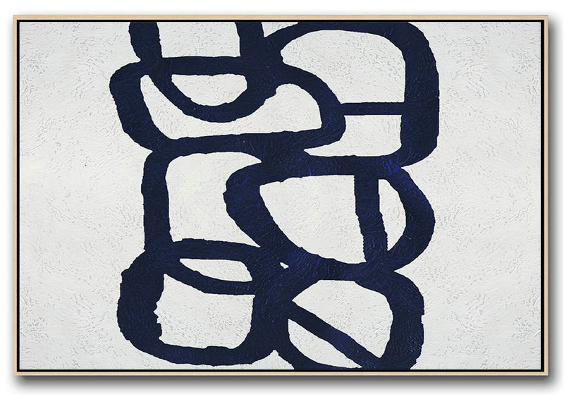 Canvas Wall Art,Horizontal Navy Painting Abstract Minimalist Art On Canvas,Oversized Canvas Art